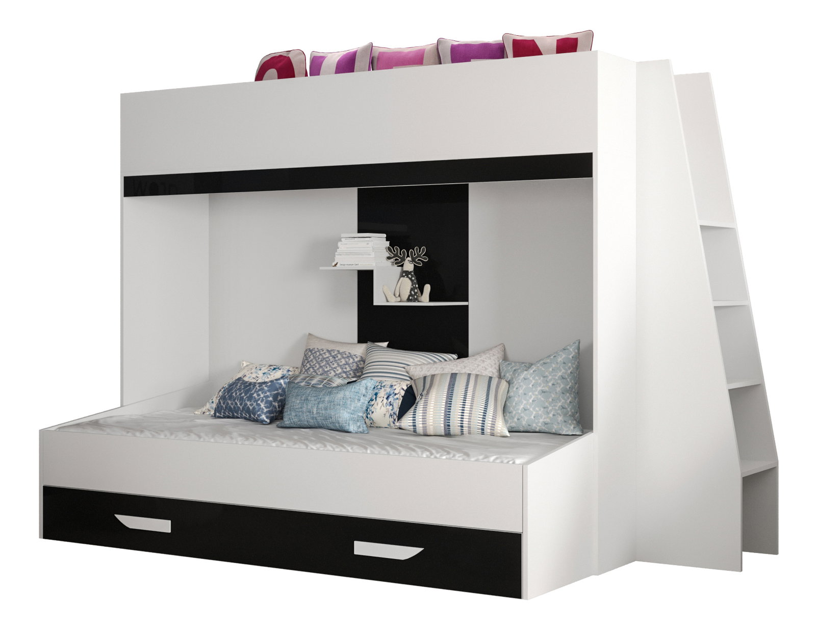 Pat pentru copii combinat 90 cm Puro 17 (alb mat + alb lucios + negru lucios)