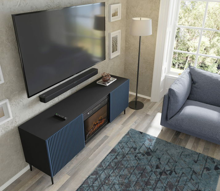 TV skrinka/stolík s elektrickým krbom FPB 2D 170 C Rowanna (čierna + tmavomodrá)