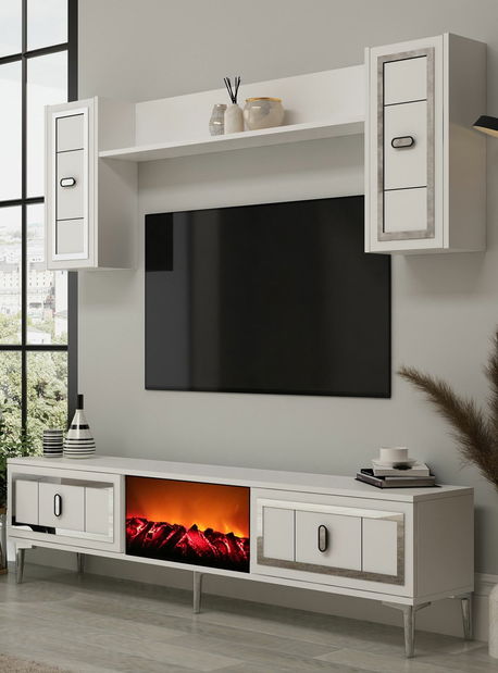 Obývacia stena s krbom Orino (biela + strieborná)