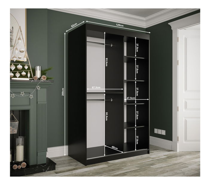 Šatníková skriňa 120 cm Marbelo P (matná čierna + čierny mramor)