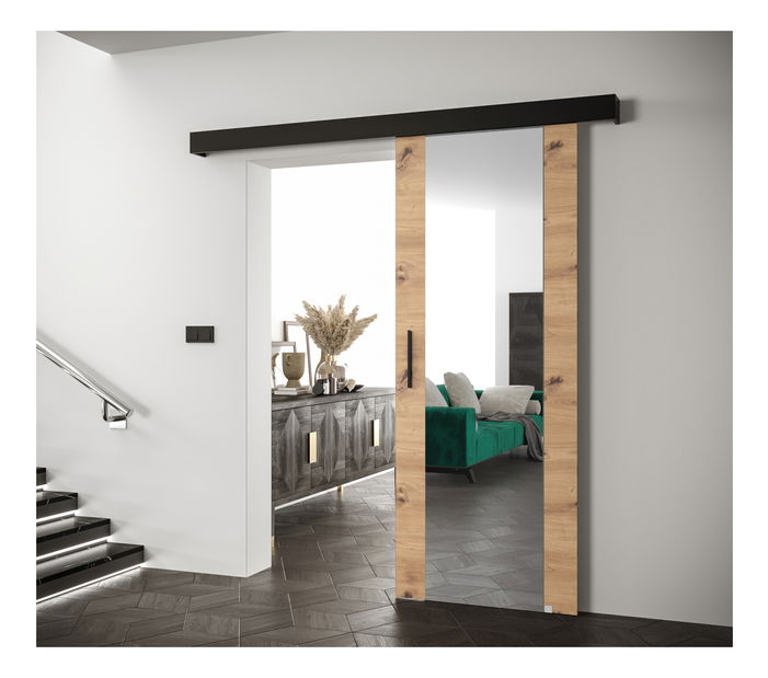 Uși culisante 90 cm Sharlene II (stejar artisan + negru mat + negru) (cu oglindă)