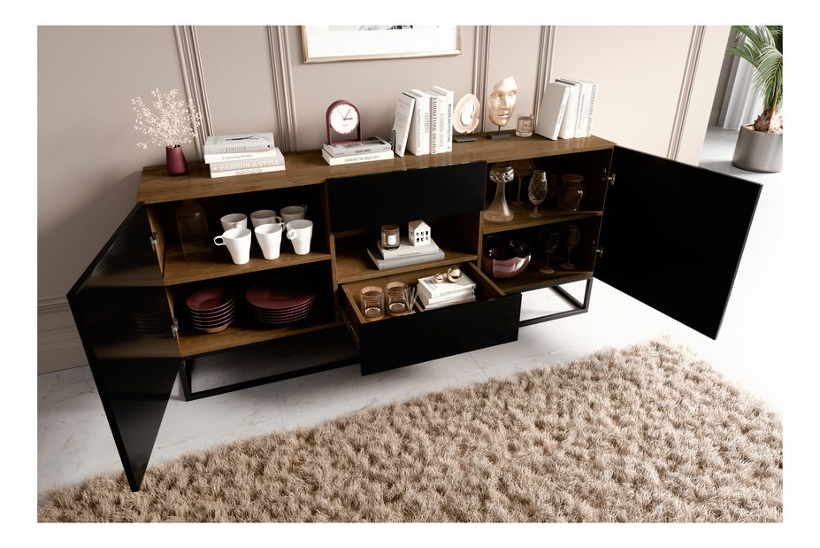 Komoda Antonio (dub artisan + čierna lesklá)