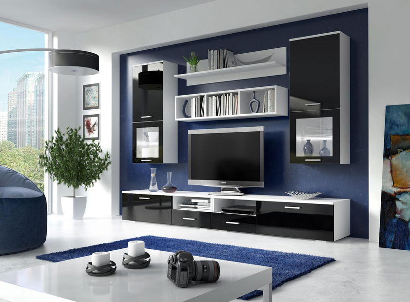 Mobilier cameră de zi Frarune (alb + negru lucios)