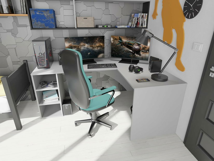 Rohový pc stôl Carbon (biela) (P) (bez osvetlenia)