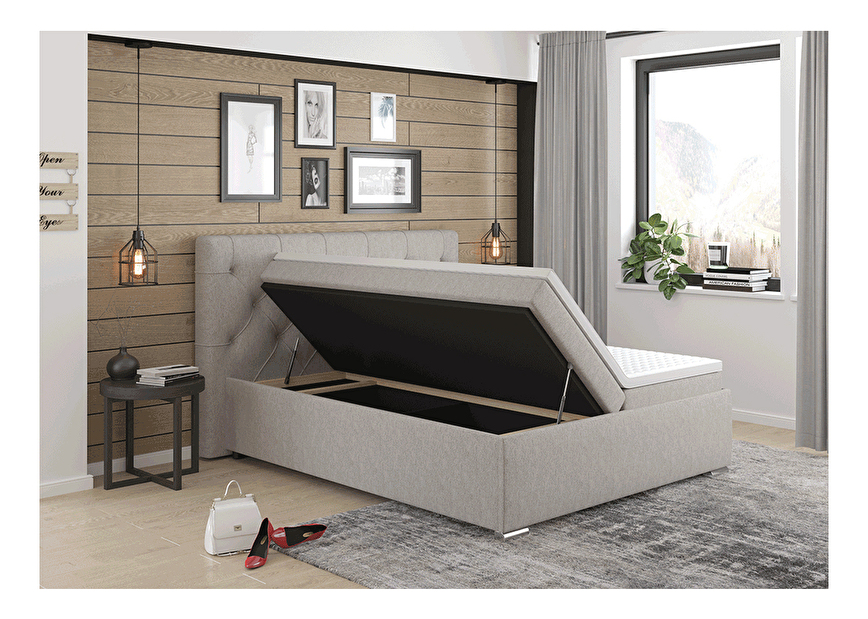 Pat matrimonial Boxspring 160 cm Morrea (gri maro) (cu saltea)