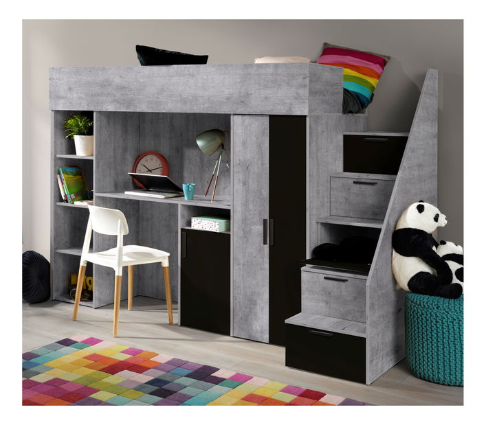 Pat pentru copii combinat 90 cm Kesa 14 (beton + negru mat)