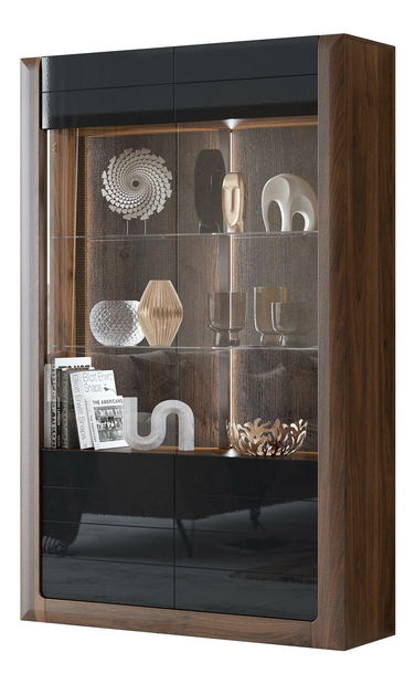 Vitrină Kassie Typ 12 (negru lucios + nuc columbia) (cu iluminat)