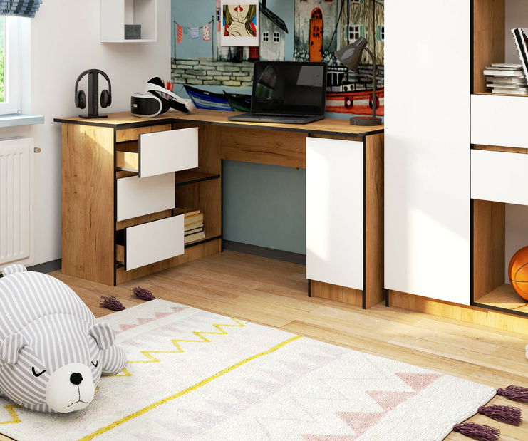 Masă PC de colț Bevin (Stejar craft + Alb) (S)