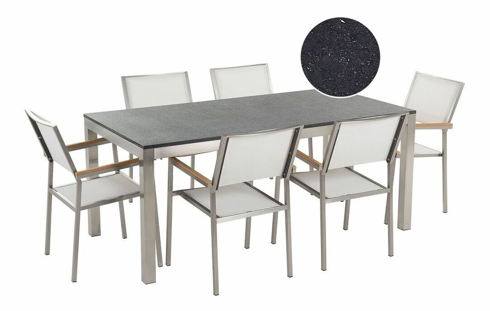 Záhradná jedálenská sada Grosso (čierna) (biele stoličky) (pre 6 osôb) (kameň)