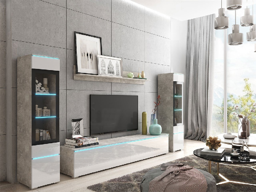 Mobilier living Selwyn II (beton + Alb lucios ) (iluminat LED Alb)