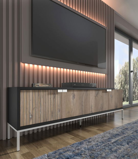 Masă TV 200 4D Toleo (Stejar flasgstaff + Negru + argintiu)