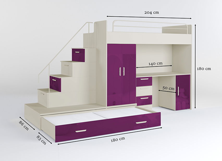 Pat pentru copii Ruby V (cașmir + violet lucios) (cu somiere)