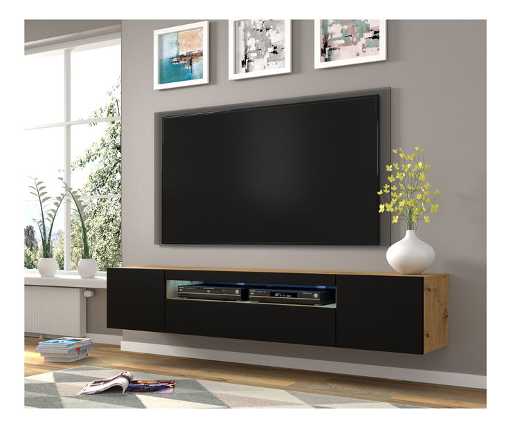 Masă TV/Dulap Aurinko 200 (Stejar artisan + Negru mat) (cu iluminat)