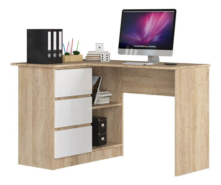 Rohový PC stolík Bodhi (dub sonoma + biely lesk) (L)