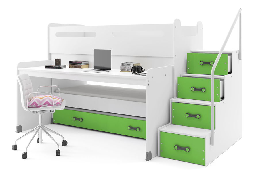 Emeletes ágy 80 x 200 cm Moxxo 1 (fehér + zöld) (ágyrácsokkal és tárolóhellyel)