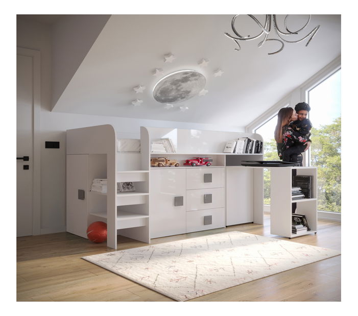 Pat multifuncțional 90 cm Toreno 1 (Alb + alb lucios + mânere gri lucios)