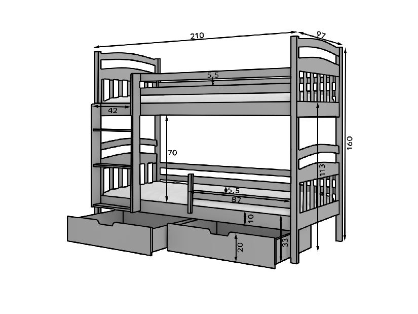 Poschodová detská posteľ 200x90 cm Adriana (s roštom a matracom) (borovica)