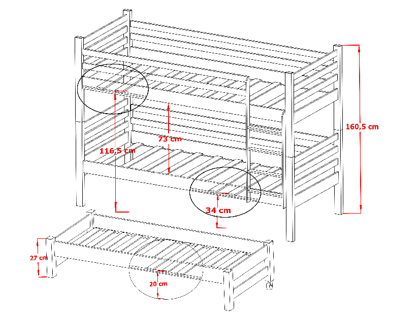 Detská posteľ 90 x 200 cm TORI (s roštom a úl. priestorom) (borovica)