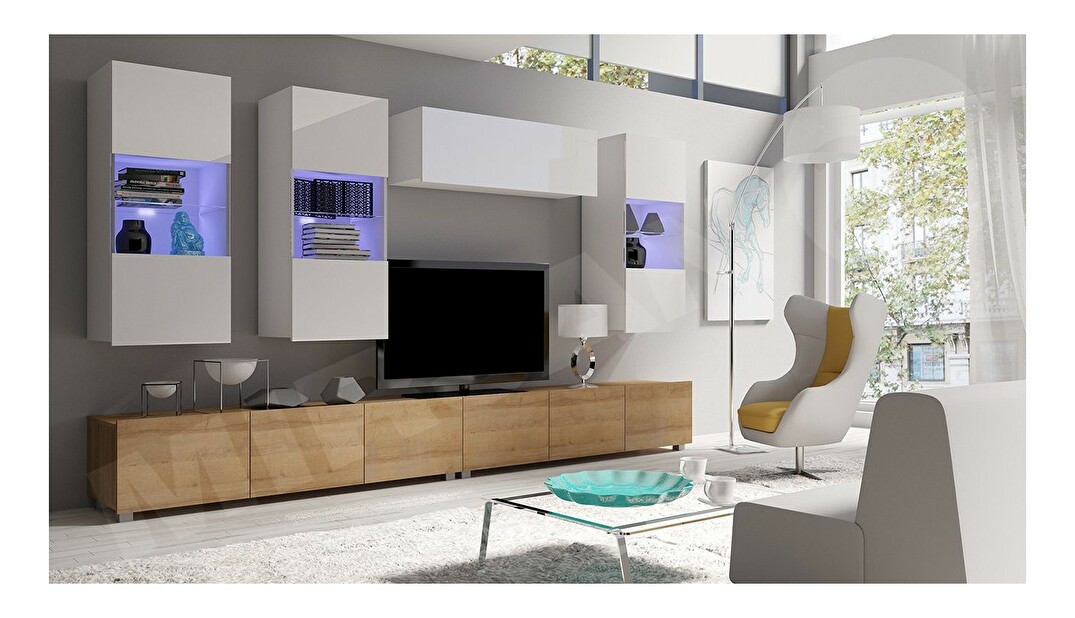 Mobilier living V Badiani (Stejar auriu + Alb + Alb lucios)