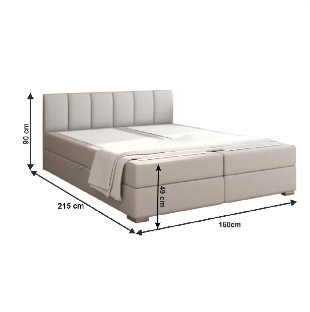 Pat matrimonial Boxspring 160 cm Rhoni (gri deschis) (cu somieră, saltea și sp. depozitare)