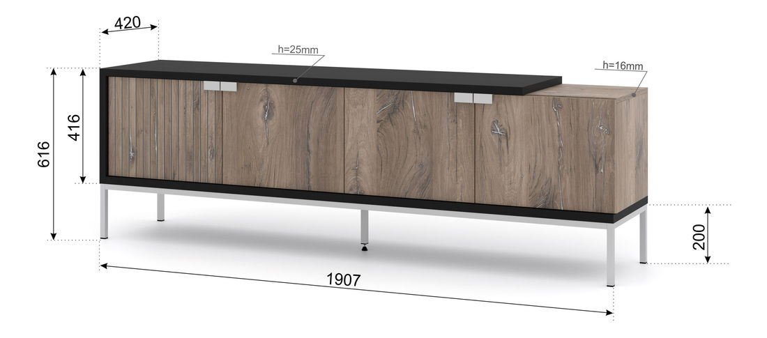 Masă TV 200 4D Toleo (Stejar flasgstaff + Negru + argintiu)