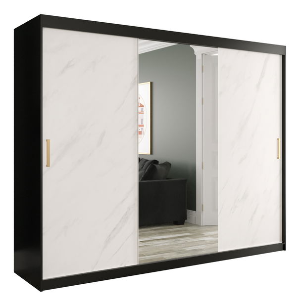 Ormar za garderobu 250 cm Marbelo T1 (crna mat + bijeli mramor)