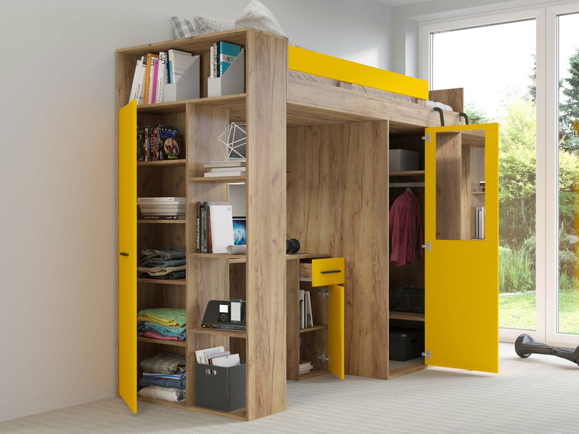 Poschodová posteľ 90 cm Vivian (P) (s roštom) (dub craft zlatý + žltá)