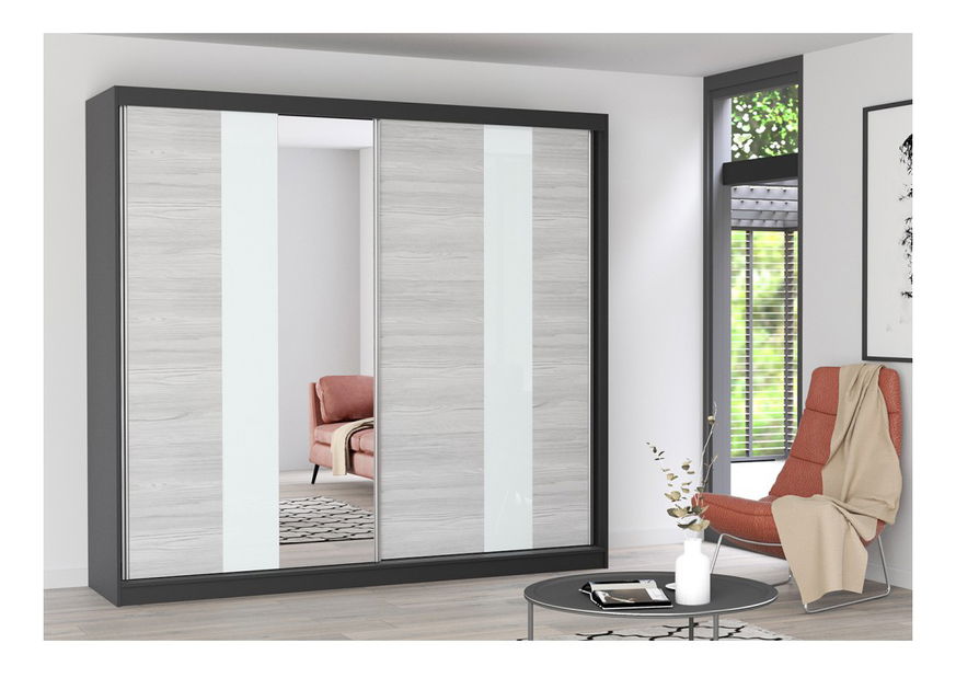 Ruhásszekrény Mebur 32 230 (Fekete + Katthult + Fehér üveg + Tükör)