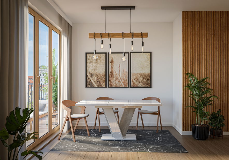 Masă de sufragerie Venag (alb lucios + piatră) (pentru 4 până la 6 persoane)