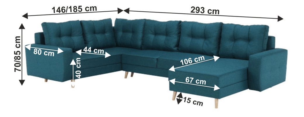 Sedacia súprava v tvare U Vellin (tyrkysová) (L)