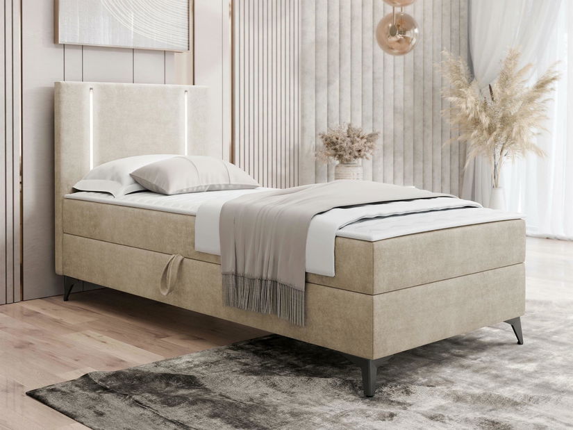 Pat de o persoană 80 cm Hebara 1 (Bej) (cu somieră și saltea) (cu sp. depozitare) (S)