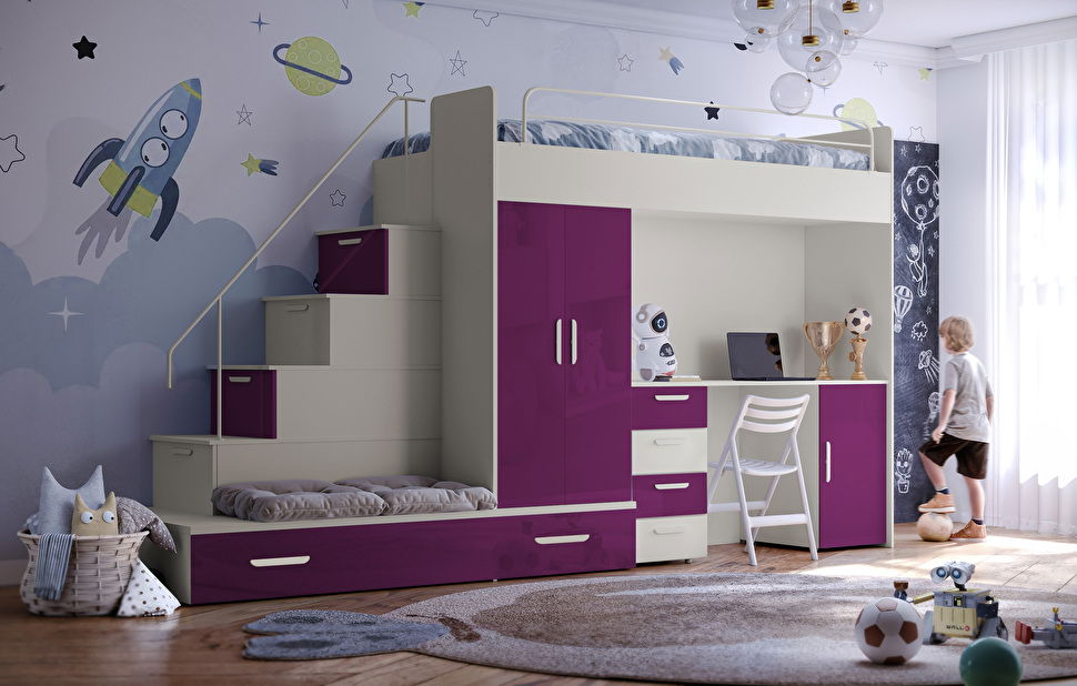 Pat pentru copii Ruby V (cașmir + violet lucios) (cu somiere)