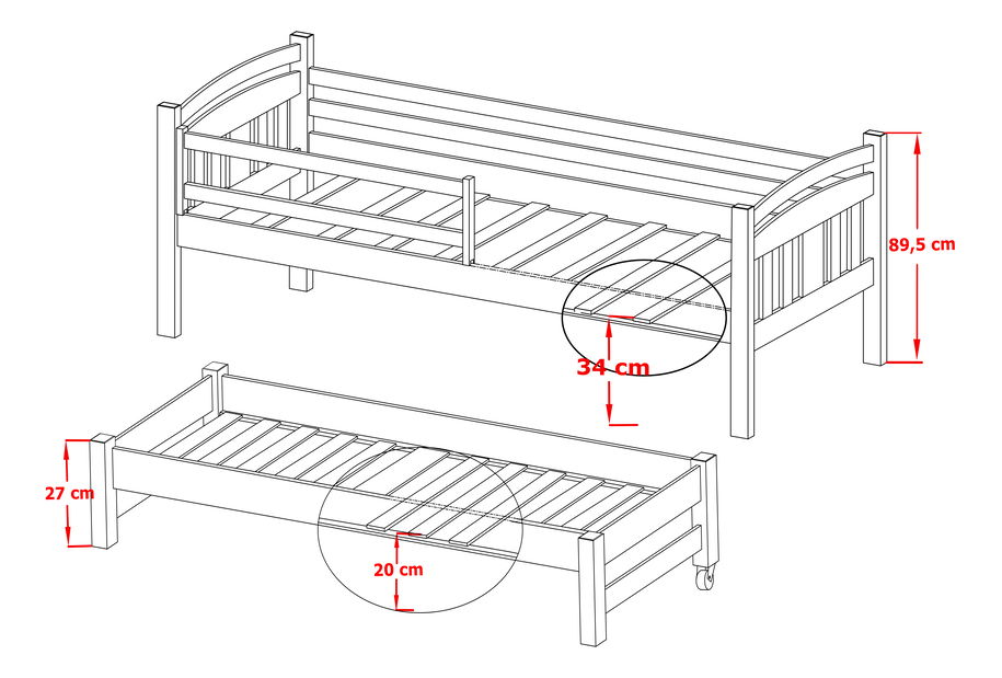 Pat pentru copii 90 x 190 cm FELTON (cu somieră și sp. depozitare) (Pin)