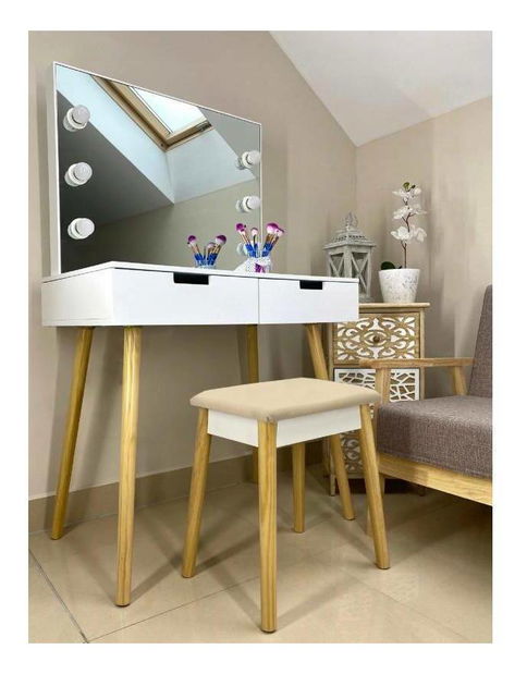 Masă de toaletă cu taburete Omiko (cu iluminat LED) (Alb + bej)