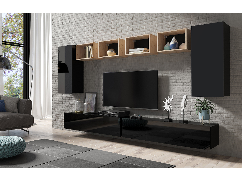 Mobilier living Calabria C35 BLACK (Negru + Stejar artisan) (fără iluminat)