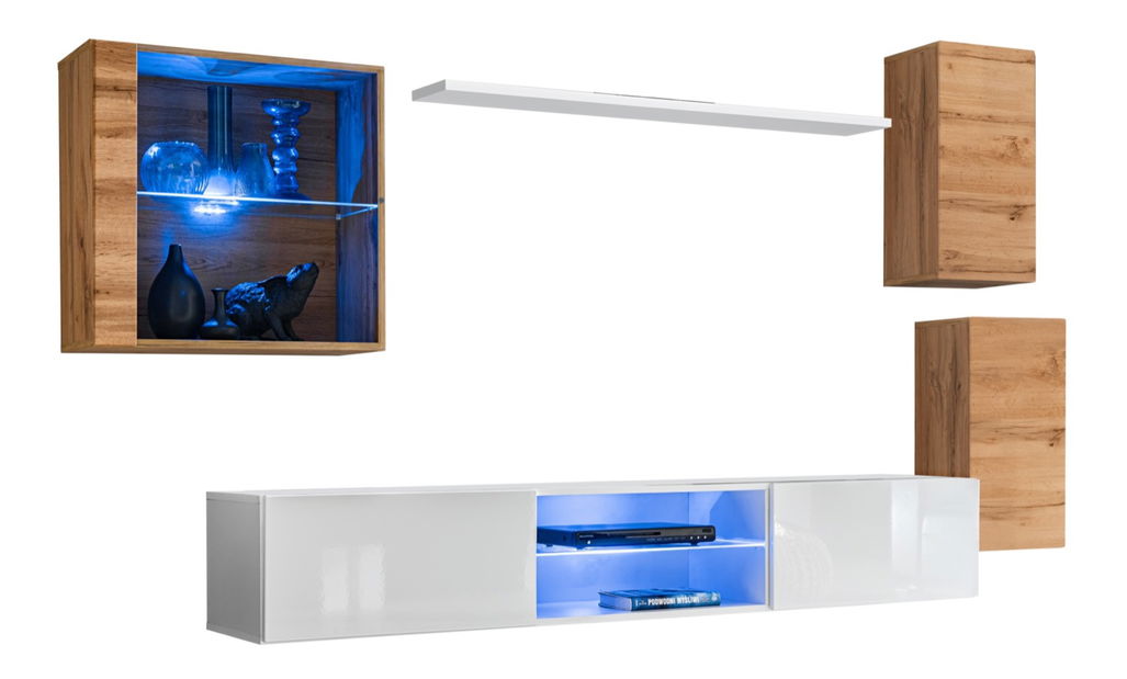 Obývacia stena Shelly WTW SW 23 (dub wotan + biela matná + biela lesklá)