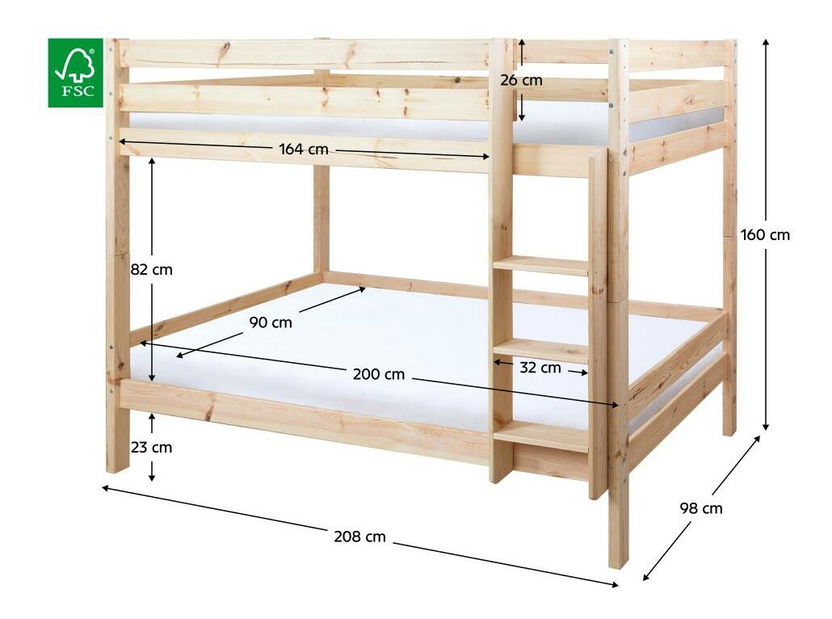 Pat etajat pentru copii 90 cm Braceaba (molid masiv) (cu somieră)