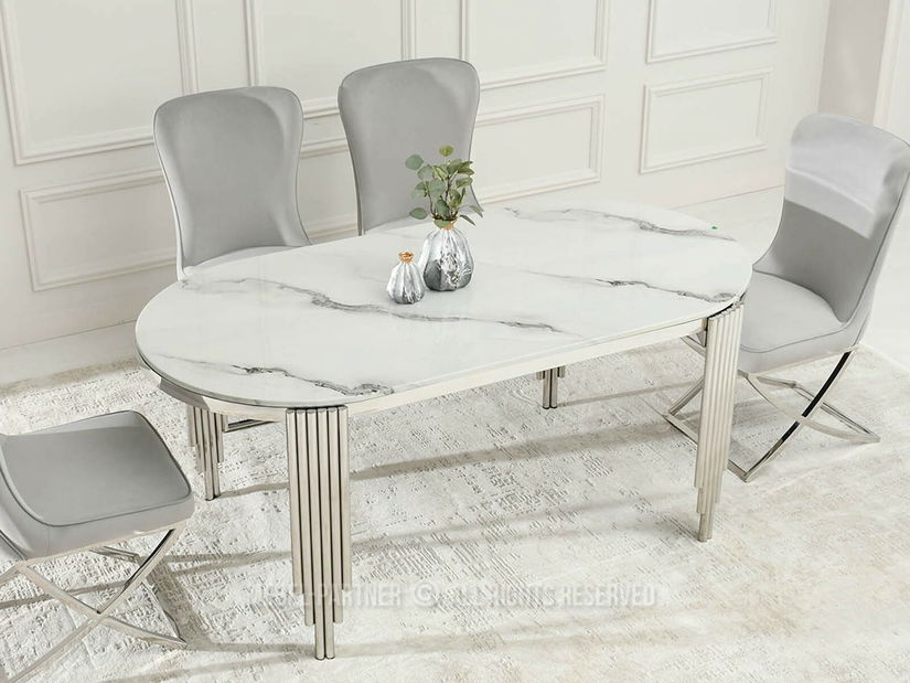 Jedálenský stôl Antiga (biely mramor + chrómová)