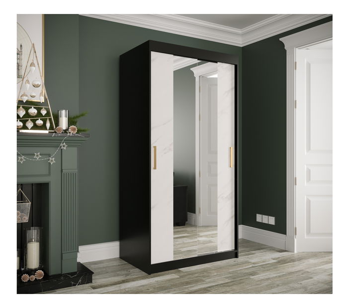 Šatníková skriňa 100 cm Marbelo T1 (matná čierna + biely mramor)