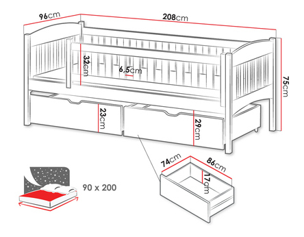 Pat pentru copii 90 cm Jerasto (Gri) (cu somieră) (cu sp. depozitare)