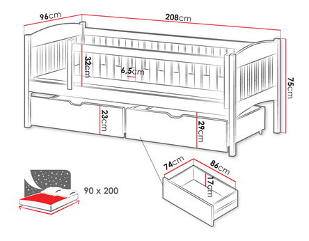 Pat pentru copii 90 cm Jerasto (Alb) (cu somieră) (cu sp. depozitare)