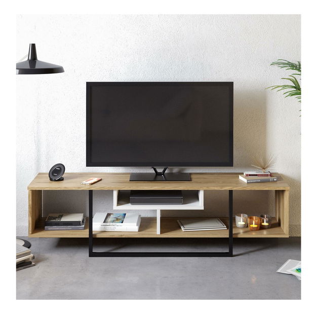 Masă TV/Dulap Aslana 150 (alb + negru + stejar)