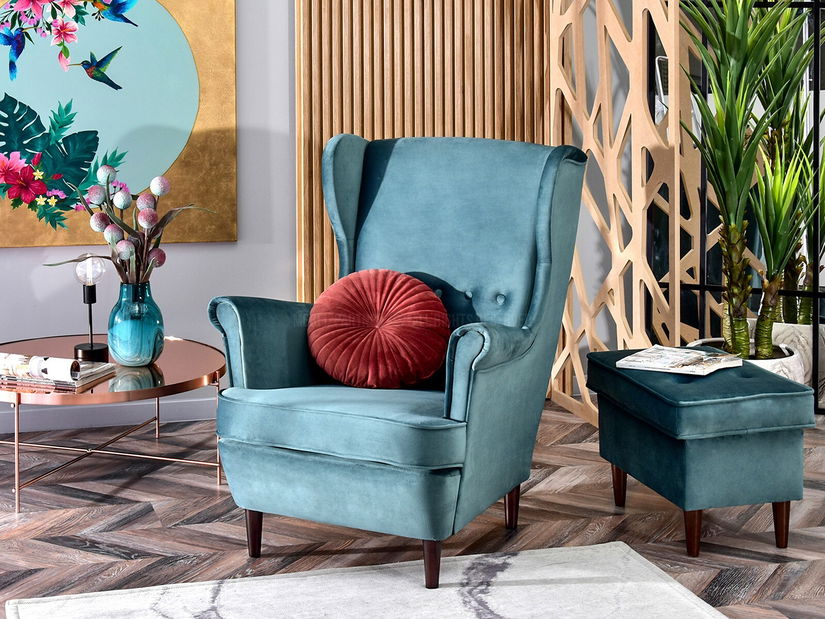 Kreslo ušiak Margis (modrá + buk)