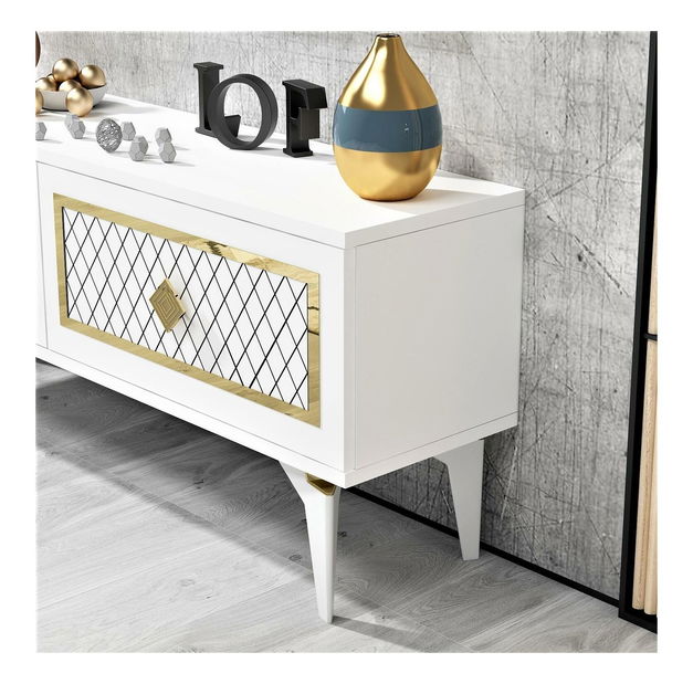 Masă TV/Dulap Mukanu (alb + auriu) 