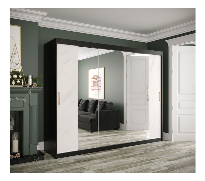 Šatníková skriňa 250 cm Marbelo T2 (matná čierna + biely mramor)