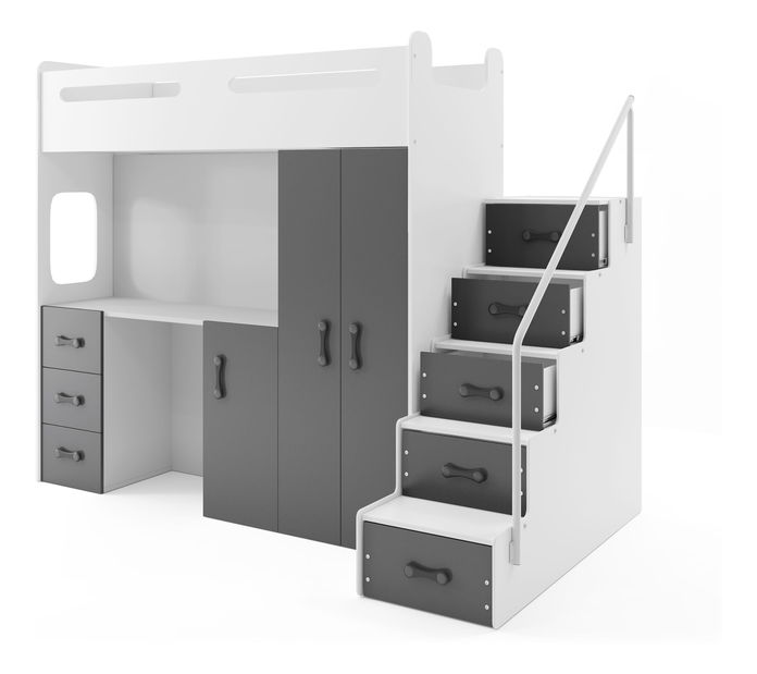 Pat etajat 80 x 200 cm Moxxo 4 (Alb + grafit) (cu somiere, saltele și sp. depozitare)