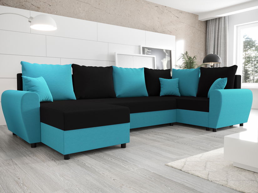 Kutna garnitura u obliku slova U Fleur Long (tirkizna + crna) (D)