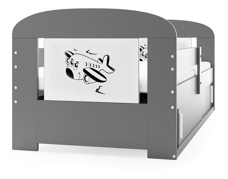 Pat pentru copii 80 cm Fimmo (grafit + Avion) (cu somieră, saltea și sp. depozitare)