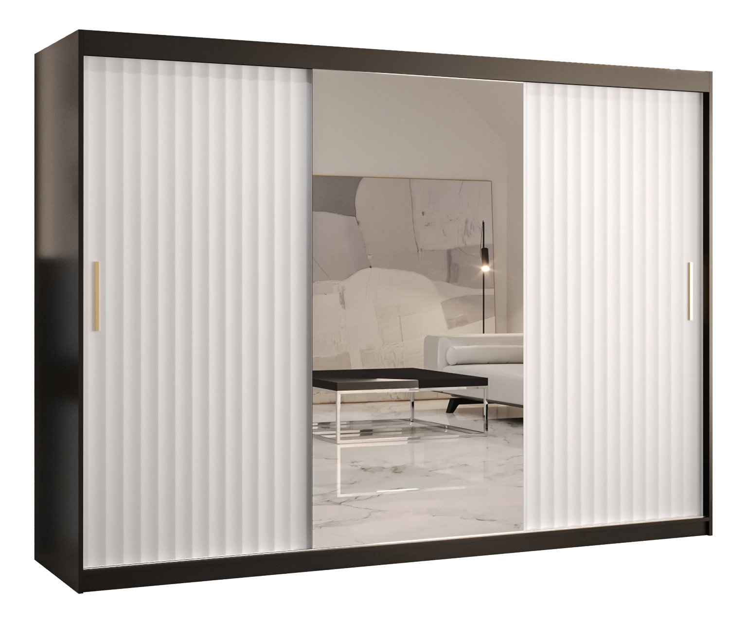 Šatníková skriňa so zrkadlom 250 cm Riana Wa 2 250 (čierna + biela matná)