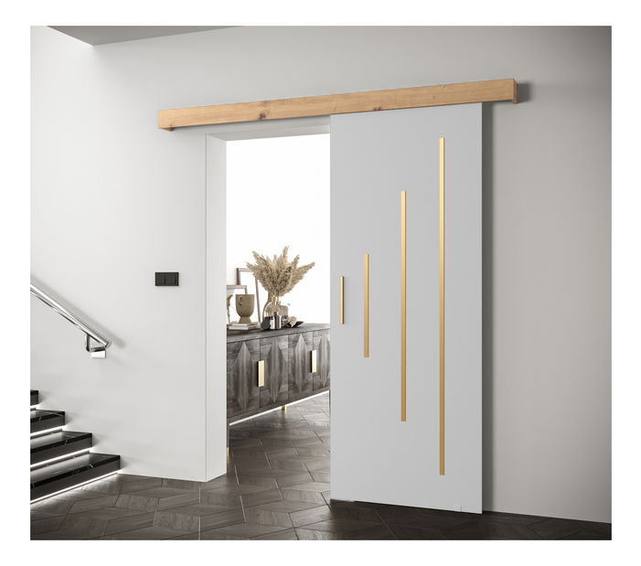 Uși culisante 90 cm Sharlene Y (alb mat + stejar artisan + auriu)